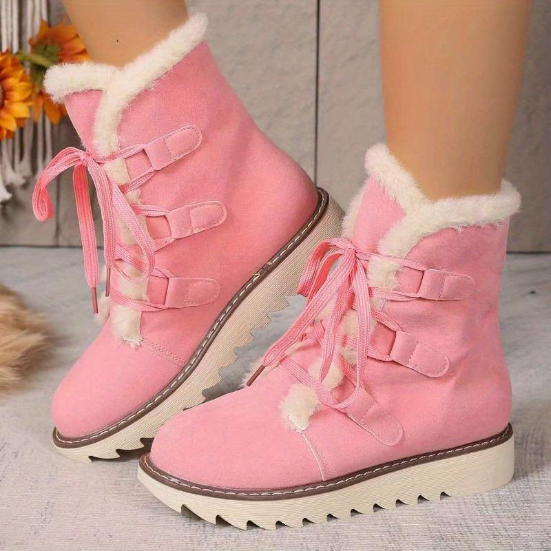 Women's Winter Boots with Thick Non-Slip Rubber Sole Pink Lace-Up High-Ankle Snow Boots