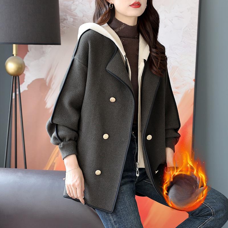 Pletená bunda s kapucí, falešná dvoudílná, dvouřadá, na podzim, korejský nový styl, volný temperament, vlněný kabát pro ženy