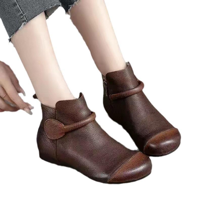 Fashion Retro Women Short Ankle Boots Autumn Winter Faux Cow Leather Slip-on Shoes Handmade Round Toe Light Weight Flat Booties