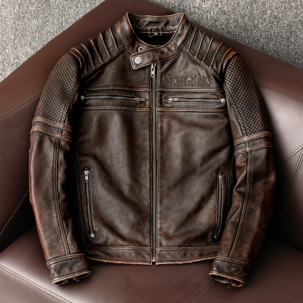 

Винтажная байкерская куртка мужская потертая из натуральной кожи мотоциклетное пальто стойка воротник модная верхняя одежда 5XL