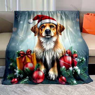 1PC Christmas Dog with Ornaments Pattern Blanket Flannel Material Soft Warm for All Seasons,For Home Outdoor Camping Picnics RV