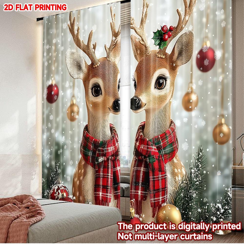 

Set Of 2 Flat Printing Happy Christmas Fashion Curtains Deer Scarves Digital Printed Polyester Drapes Family Party Curtain Made W100*H70(CM)-Grommet top&2PCS