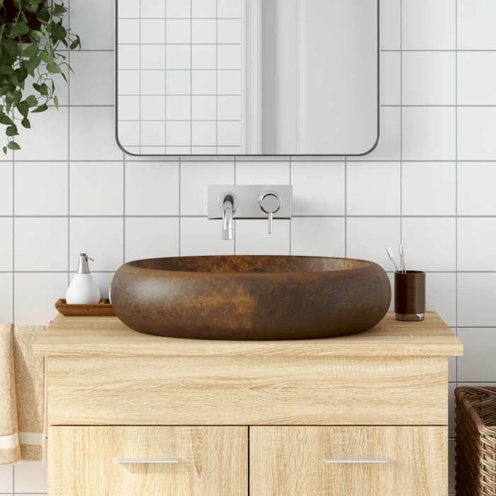 VidaXL Countertop Basin, Bathroom Sink with Drain Hole, Washbasin with Patterns Toilet Bathroom, Brown Oval 155084