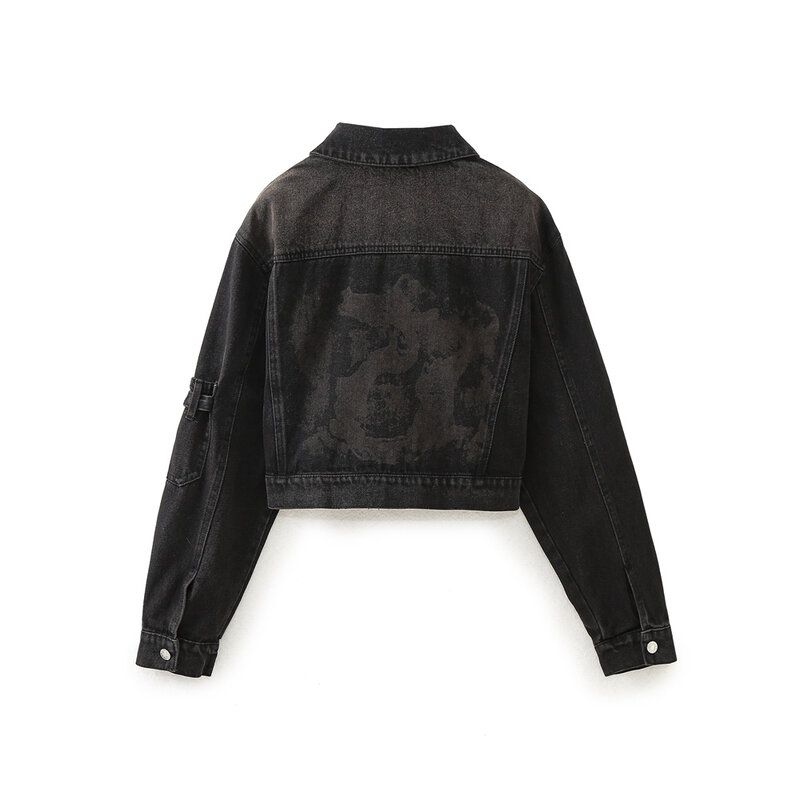 Fashion Wind Animal Pattern Washed Denim Jacket Coat Strap Decoration High Waist Wide Leg Denim 6045051