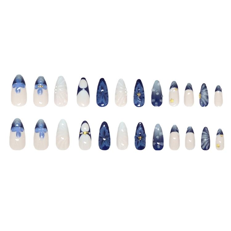 24Pcs Party Perfect Artificial Nail with Vintages Blue Lilies Bubble Stripe Pearls Design ABS Comfort