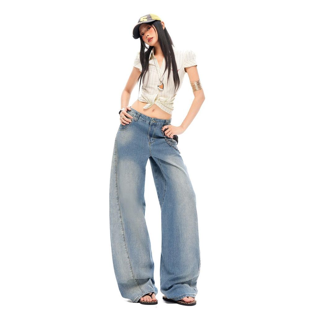 Vintage Distressed Relaxed Wide Leg Slim Saber Cut Casual Denim Pants Spring Summer Casual Pants Oversize Denim Trousers