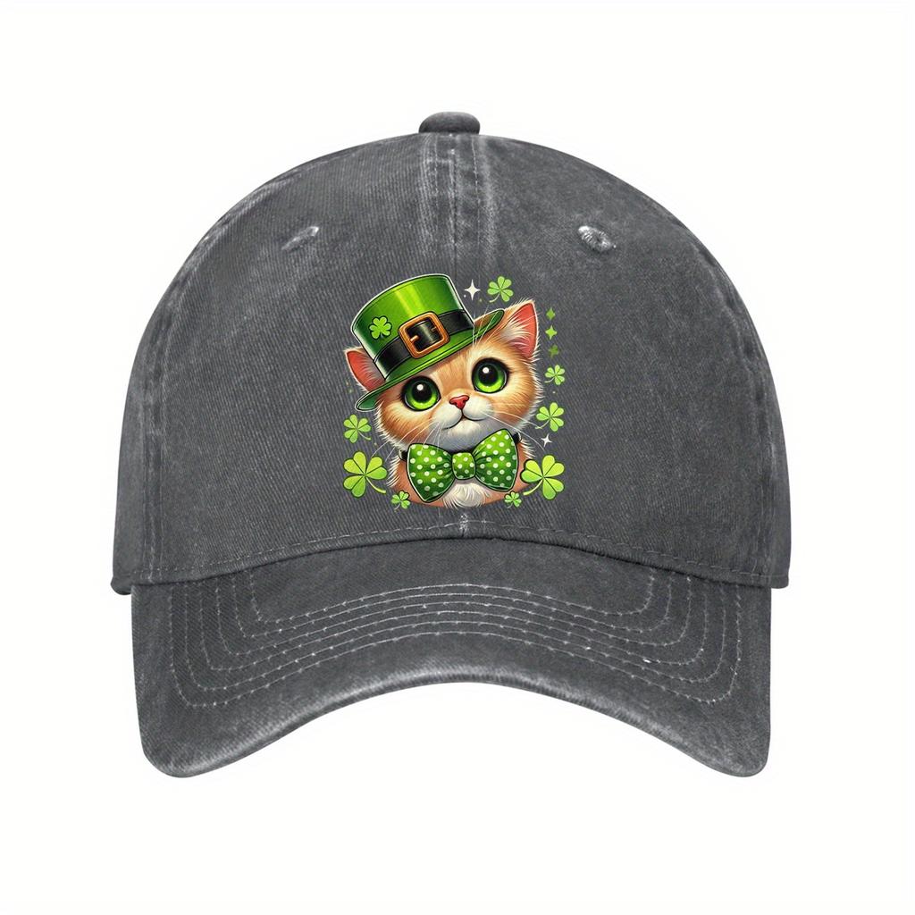 St Patrick Day Cute Cat Shamrock Print Denim Baseball Cap Vintage Adjustable Outdoor Trucker Hat Unisex