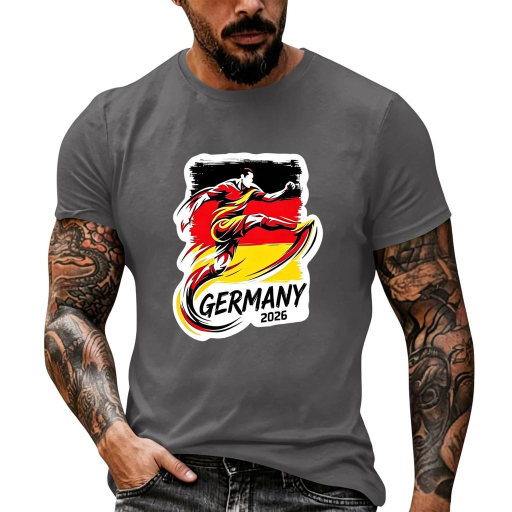 Short Sleeve Casual T Shirt with Graphic Print Soccer Player Illustration and Text Germany 2026 Soft Comfortable Fit for Everyday Wear