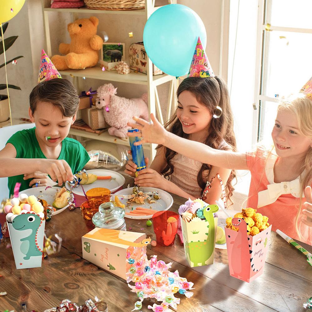 Dinosaur Themed Popcorn Box Cartoon Printed Candy Packaging Children's Birthday Baby's First Year Party Decoration Box Disposable Food Containers
