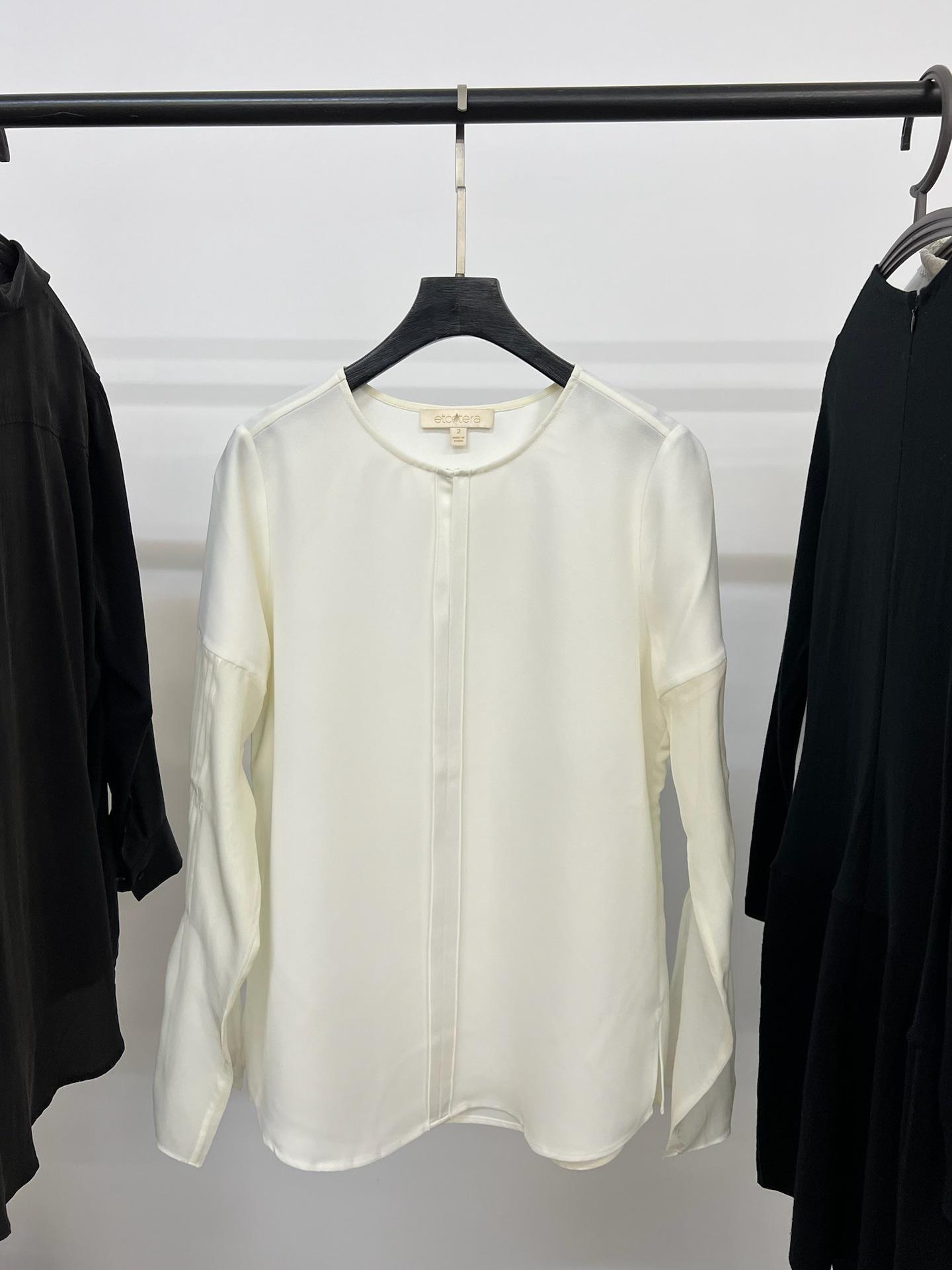 

Tailored Pure Color Spliced Round Neck Loose Silhouette Curved Hem Long Sleeve Shirt 0 грязно-белый