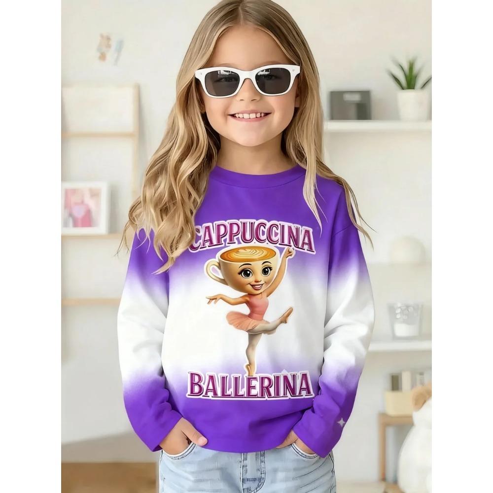 Spring and Autumn Round Neck 3D Cappuccina Ballerina Printed Top Fashionable Casual Long Sleeved Children's Girl T-shirts