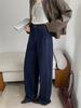 Women's Dark Blue High Waist Wide Leg Jeans - Retro Washed Floor-Length Cotton Pants for Autumn