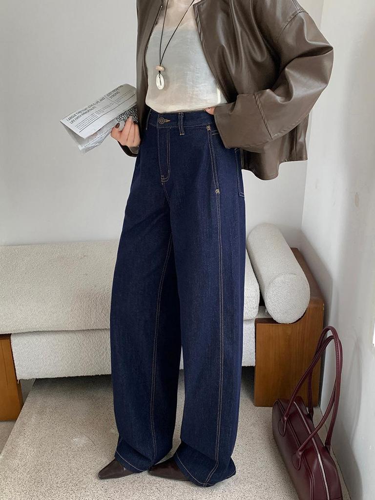 Women's Dark Blue High Waist Wide Leg Jeans - Retro Washed Floor-Length Cotton Pants for Autumn