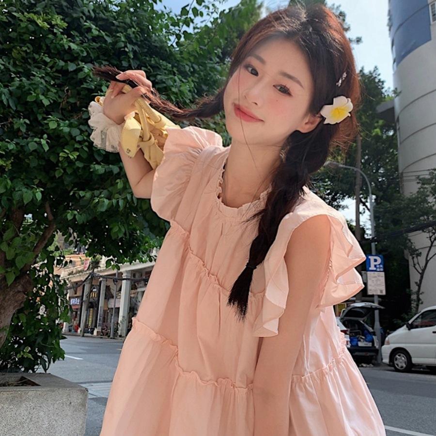 Pink Small Fly-sleeved Dress for Women's Summer New Milk Wear with Sweet First Love Small Doll Skirt