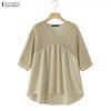 Women Hollow Lace Patchwork V-Neck 3/4 Sleeve Loose Casual Blouse