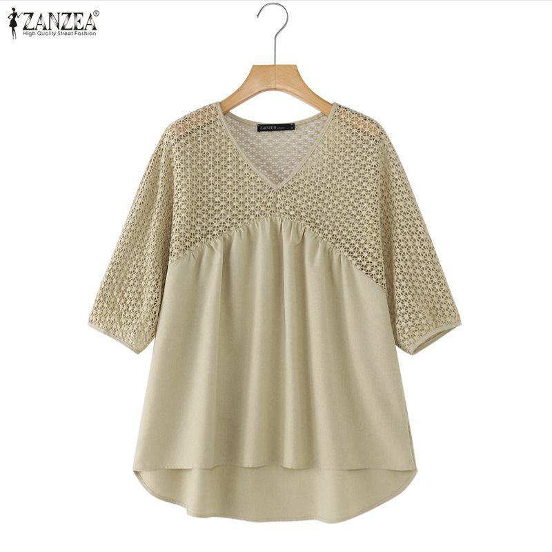 ZANZEA Women Hollow Lace Patchwork V-Neck 3/4 Sleeve Loose Casual Blouse