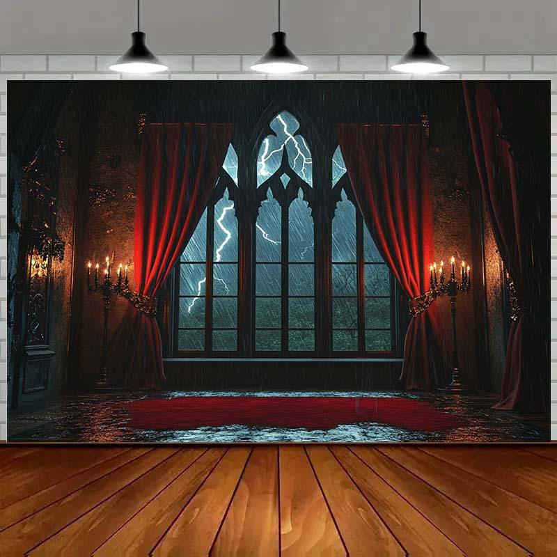 One-person Gothic window lightning red curtains polyester photography background Halloween decoration party background