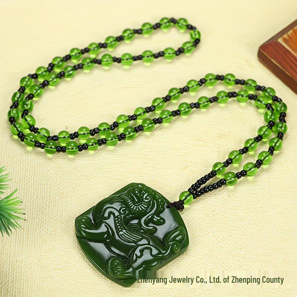 Spinach Green Jade Guanyin Pixiu Dragon & Carp Lucky Talisman Pendant