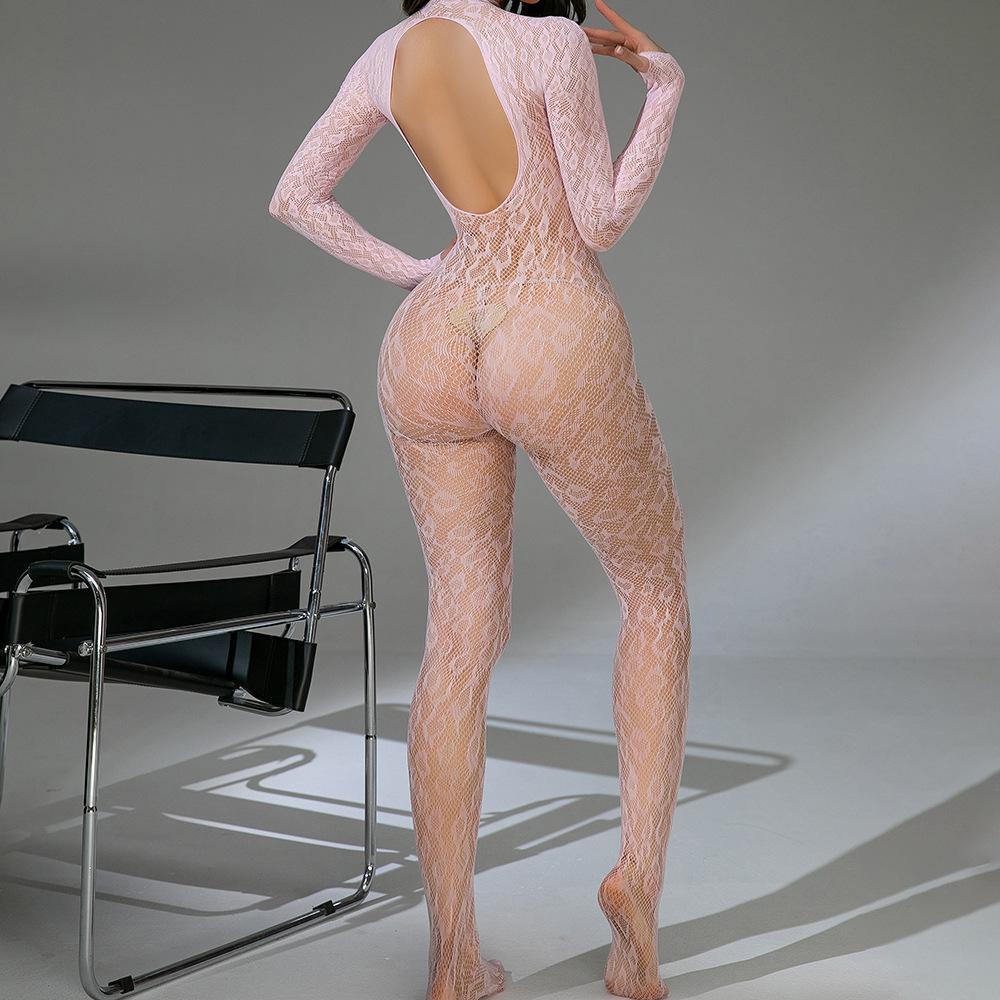 Pink long-sleeved backless romantic lingerie, net garment, sexy European and American cross-border pajamas, jacquard one-piece tight-fitting...