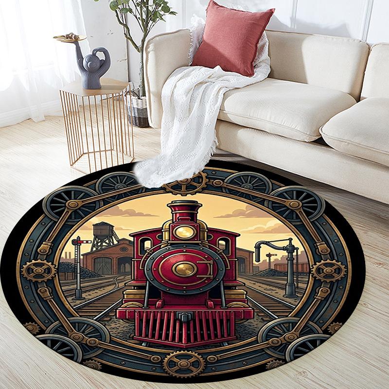 Steam Locomotive Art Round Area Rug Under Office Chairs Bedroom Living Room Home Decor