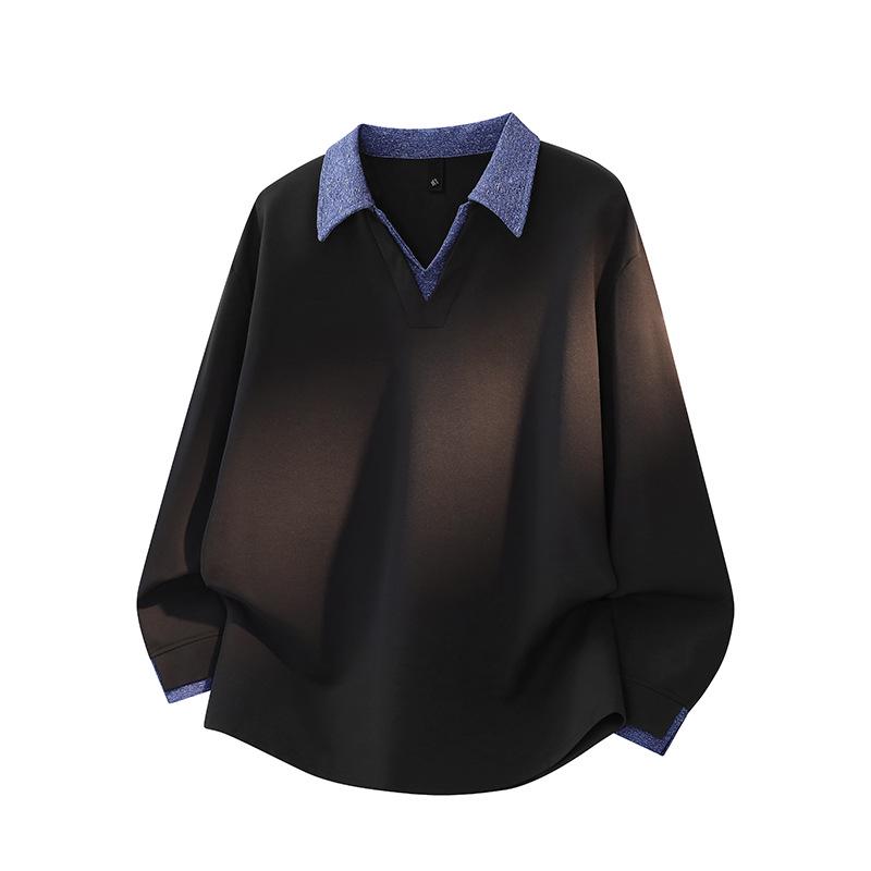 Men's Retro Color Block V-Neck Patchwork Hoodie Polo – Commuting Versatile Long Sleeve Top for Autumn/Winter