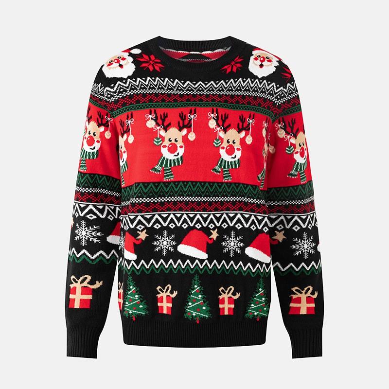 2026 Christmas Knit Sweater Women Men Loose Fit Round Neck Colorblock Jacquard Pullover Winter