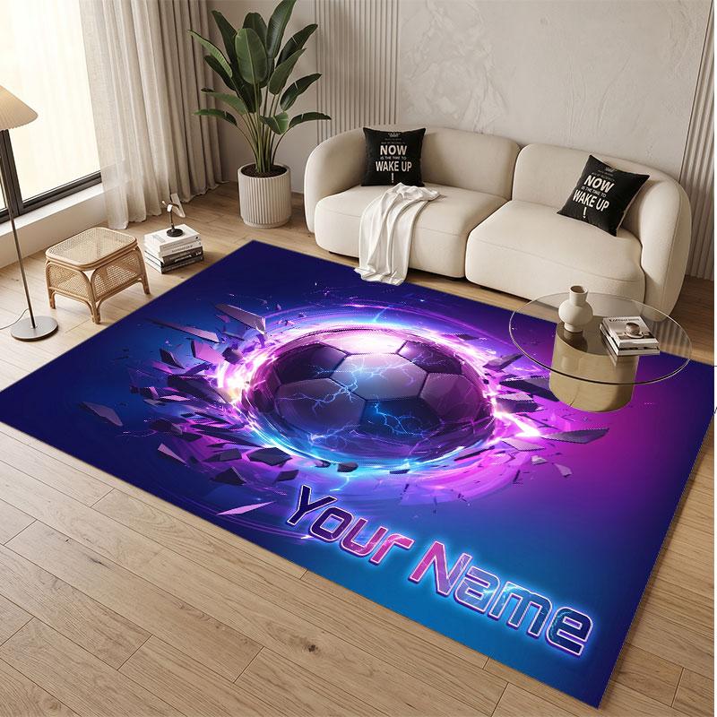 Fußball-Thema Weicher Kristall-Samt Teppich Benutzerdefinierter Name & Text Druck Rutschfester Boden Teppich für Schlafzimmer Wohnzimmer