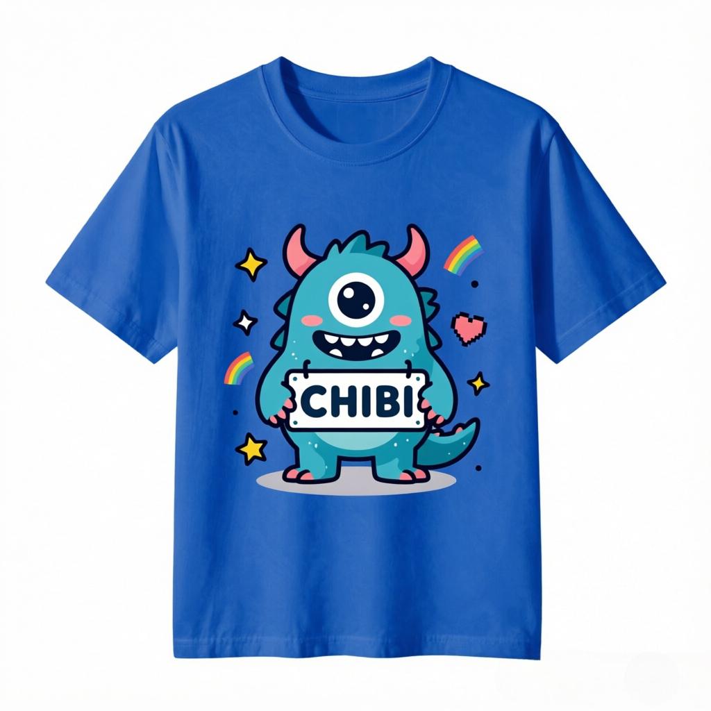 Unisexs Kawaii Chibi Blue Little Monster With Chibi Sign Print T Shirt Harajuku Casual Tee Unisex Summer Cotton Short Sleeve Tops