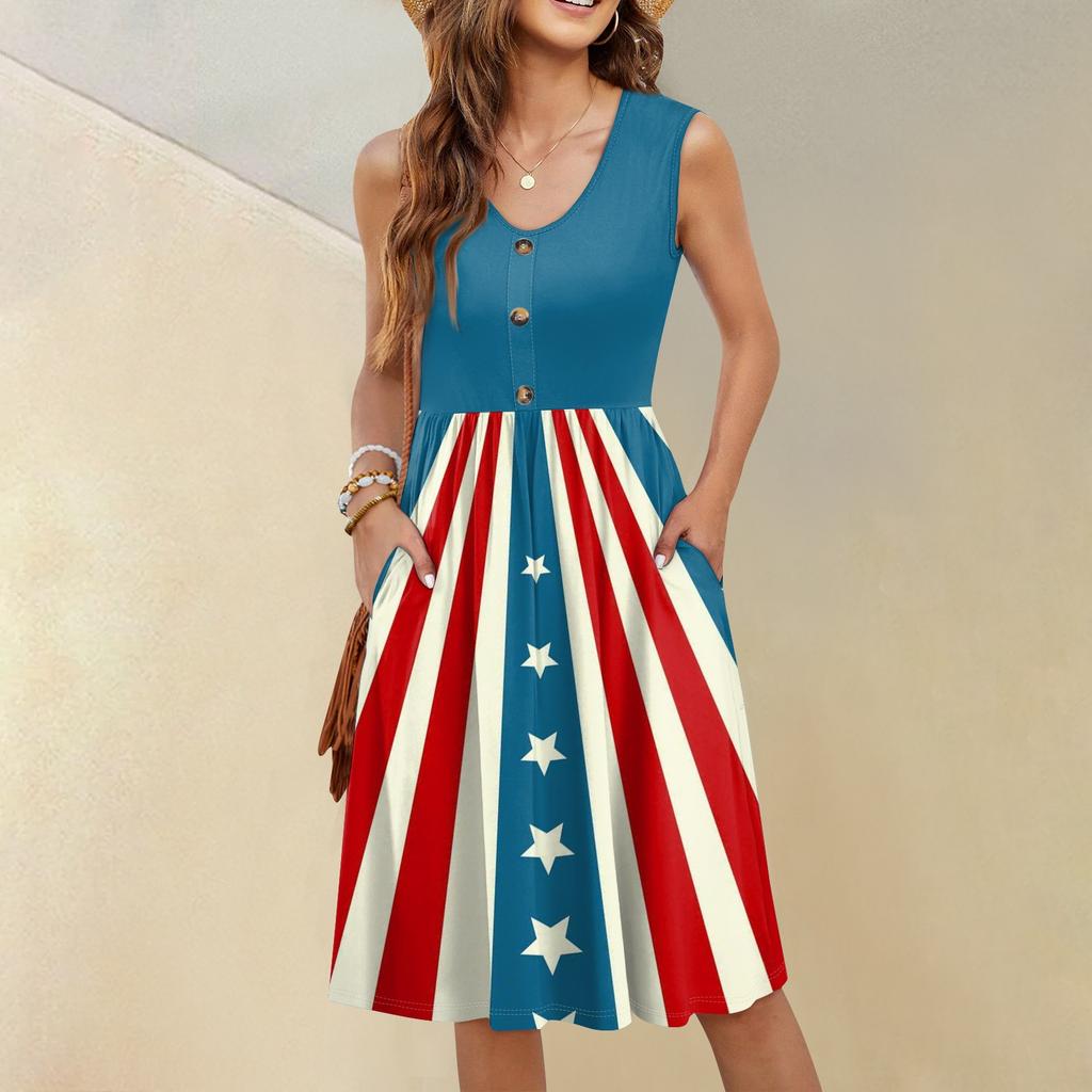 Ärmelloses lässiges Urlaubs-Midi-Kleid mit Knopfleiste, Schwing-Schnitt, Unabhängigkeitstag-Print und Taschen für Damen