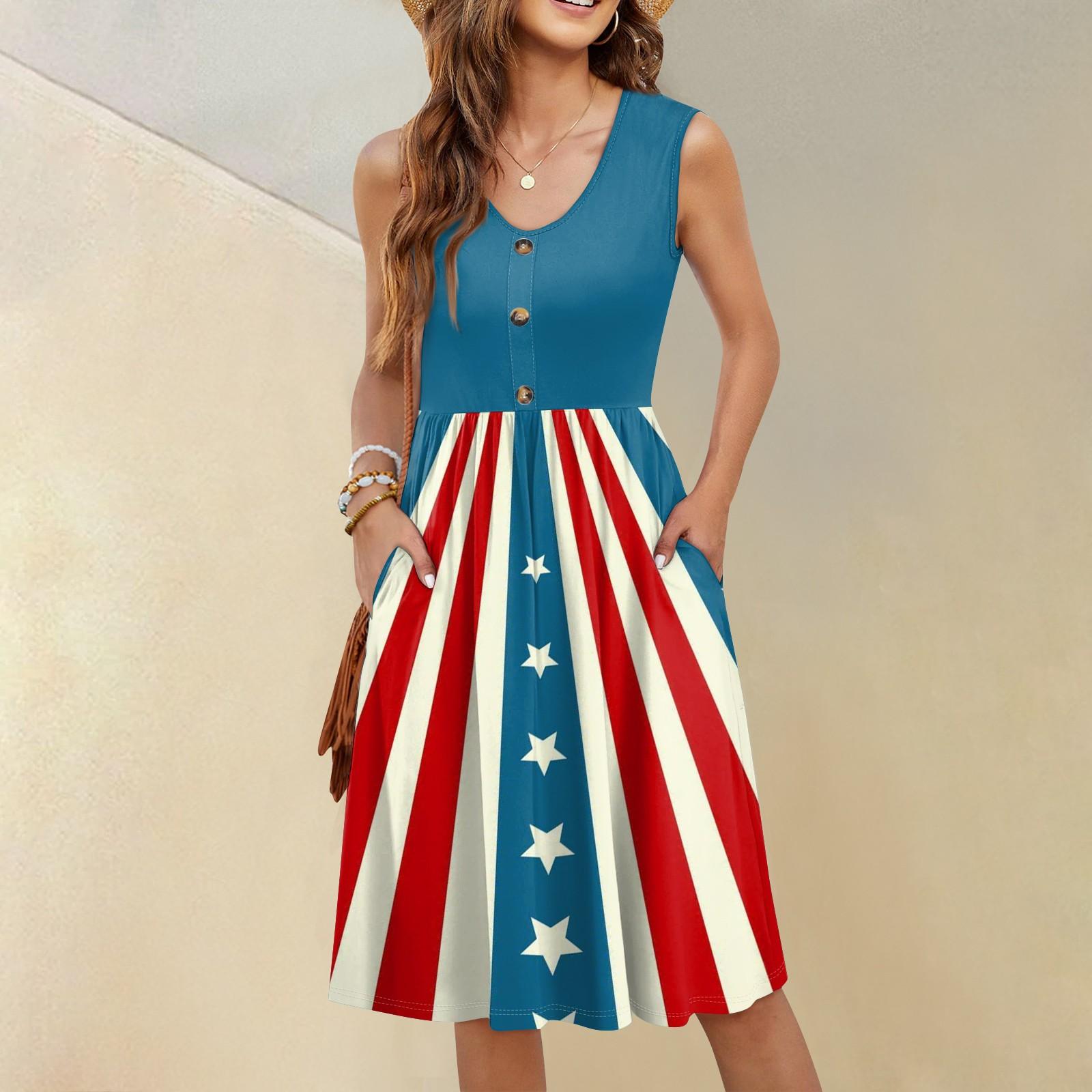 

Women s Sleeveless Casual Vacation Loose Swing Independence Day Printed Button Midi Dress With Pockets XL