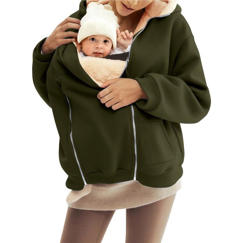 Women's Winter Maternity Baby Carrier Hoodie Fleece Lined Zip Up Kangaroo Pocket Jacket