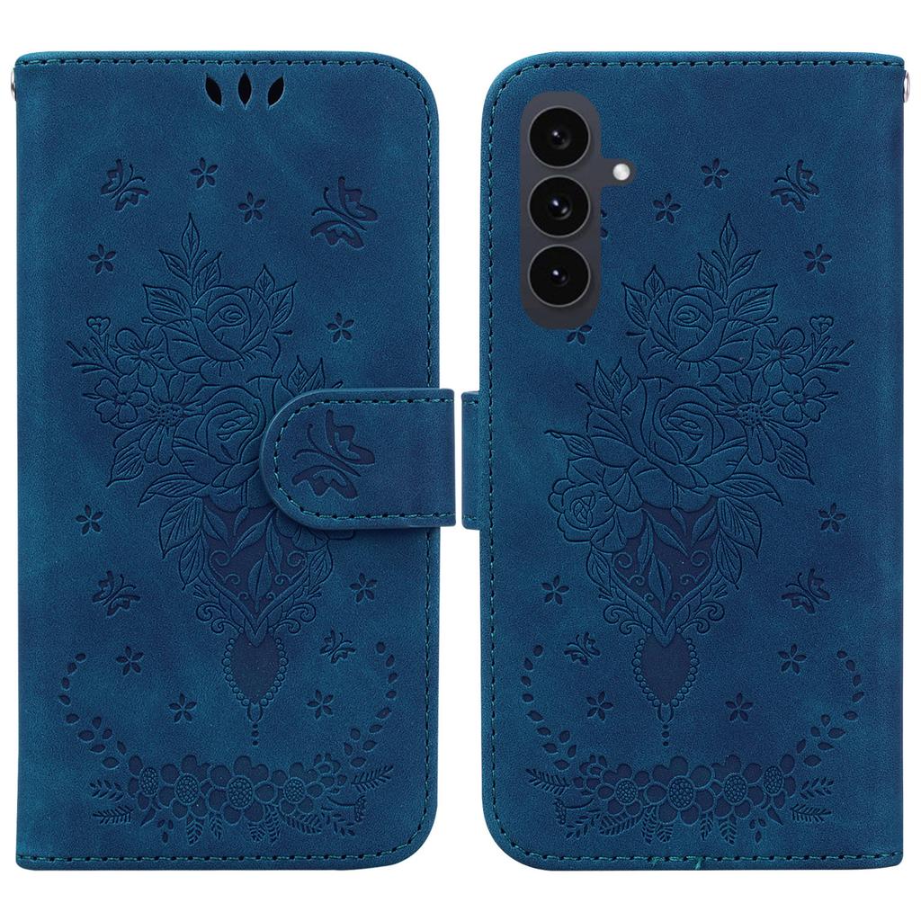 For Samsung Galaxy S25 FE Case Butterfly Flower Imprint PU Leather Wallet Phone Cover with Strap