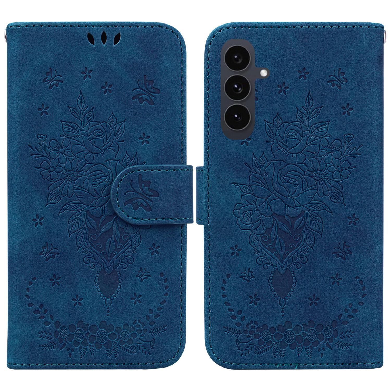

For Samsung Galaxy S25 FE Case Butterfly Flower Imprint PU Leather Wallet Phone Cover with Strap Blue