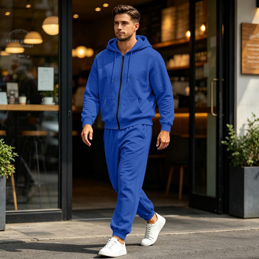 Men's Multi-Pocket Zip-Up Hooded Sweatshirt and Pants Set Athletic Tracksuit