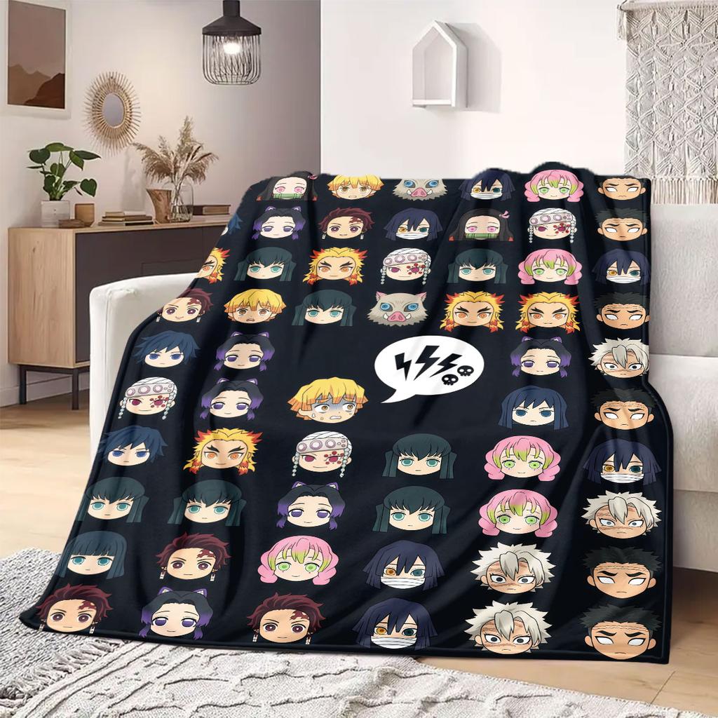 Demon Slayer Iconic Print Flannel Blanket, Anime Cartoon Figures for Bed, Warm Bedroom Decor, Travel Friendly Blanket_LIAN