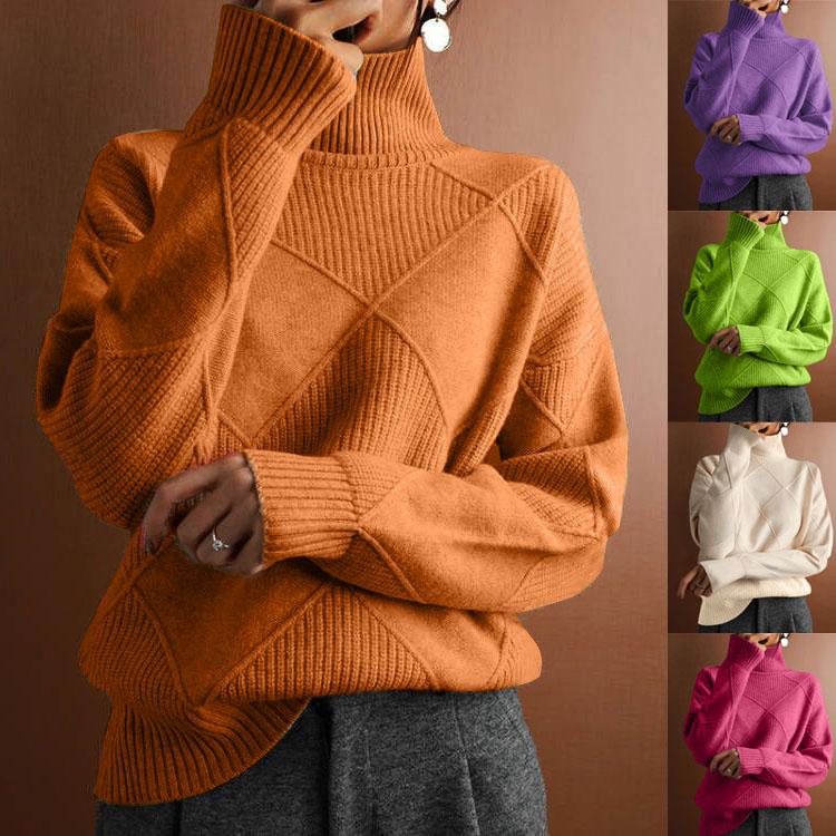 Women's Fashion Casual Fall Winter Solid Color Print Long Sleeve High Neck Sweaters