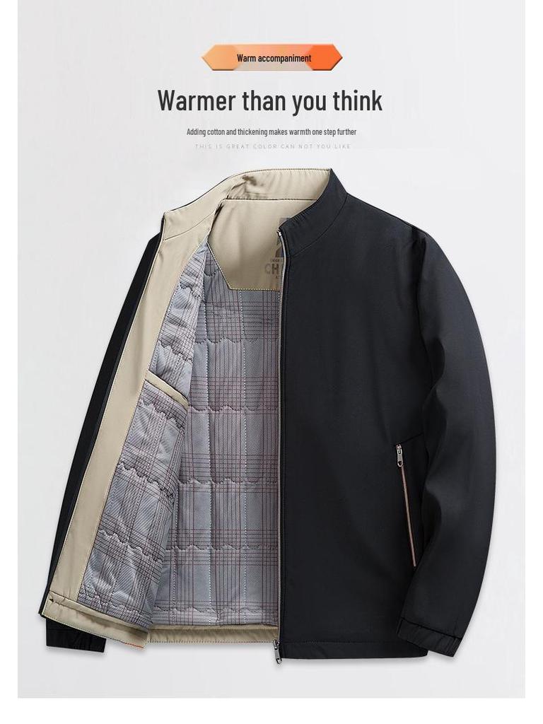 Men's Autumn/Winter Cotton Stand-up Collar Jacket - Business Casual, Solid Color, Thicken, Dad's Style