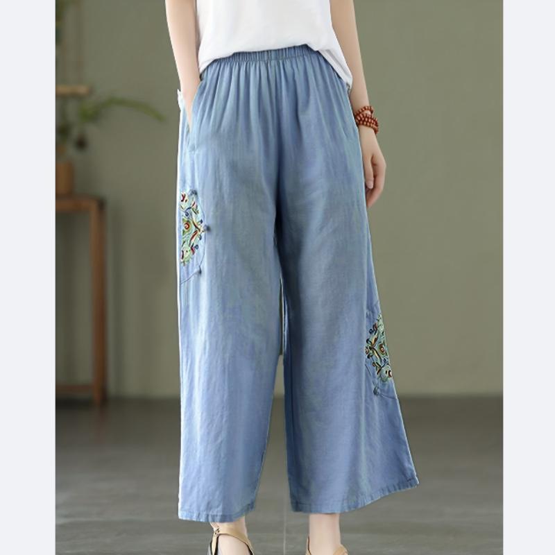 Vintage-Inspired Embroidered Wide Leg Pants for Women - High Waist, Loose Fit, Light Blue Floral Design,Casual Wear Pants Floral Embroidered Trousers