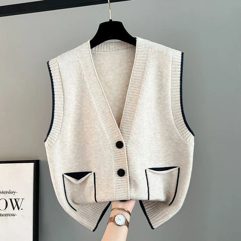 Autumn and Winter New Women's Knitted Vest with Pocket Sweater Korean Version V-neck Loose Vest Top