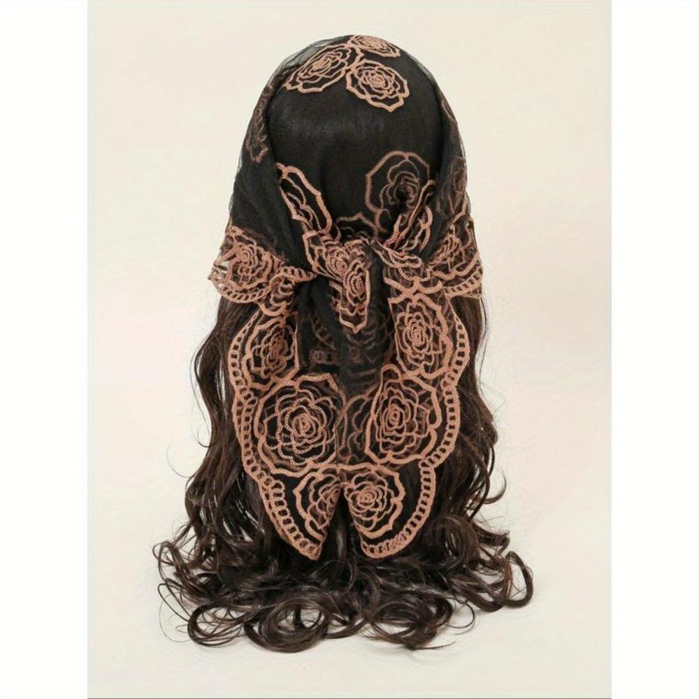 Spring Floral Mesh Scalloped Design Headscarf, Bohemian Floral Embroidered Wrap, Suitable For Women In All Seasons