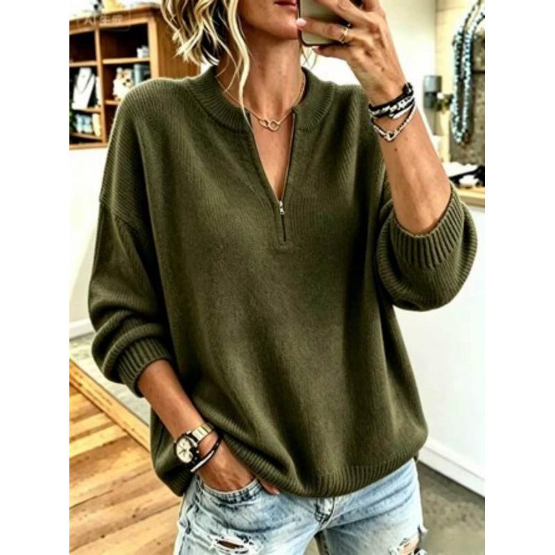 VEZFAA Women's Fashion Casual Fall Winter Solid Color Print Long Sleeve V-Neck Sweaters