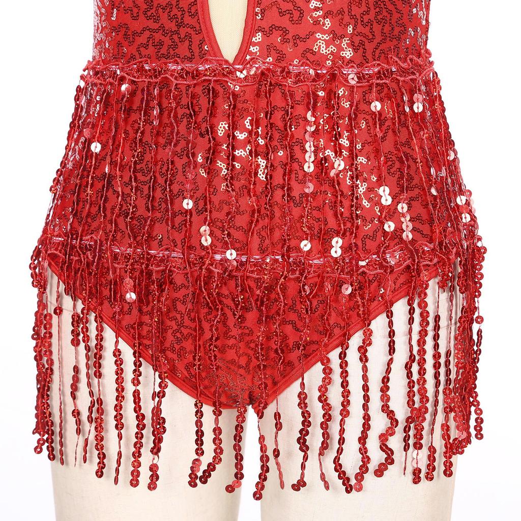 Womens Glitter Sequins Leotard Tassel Design Keyhole Back Sleeveless Backless Fringed Bodysuit Dance Costume