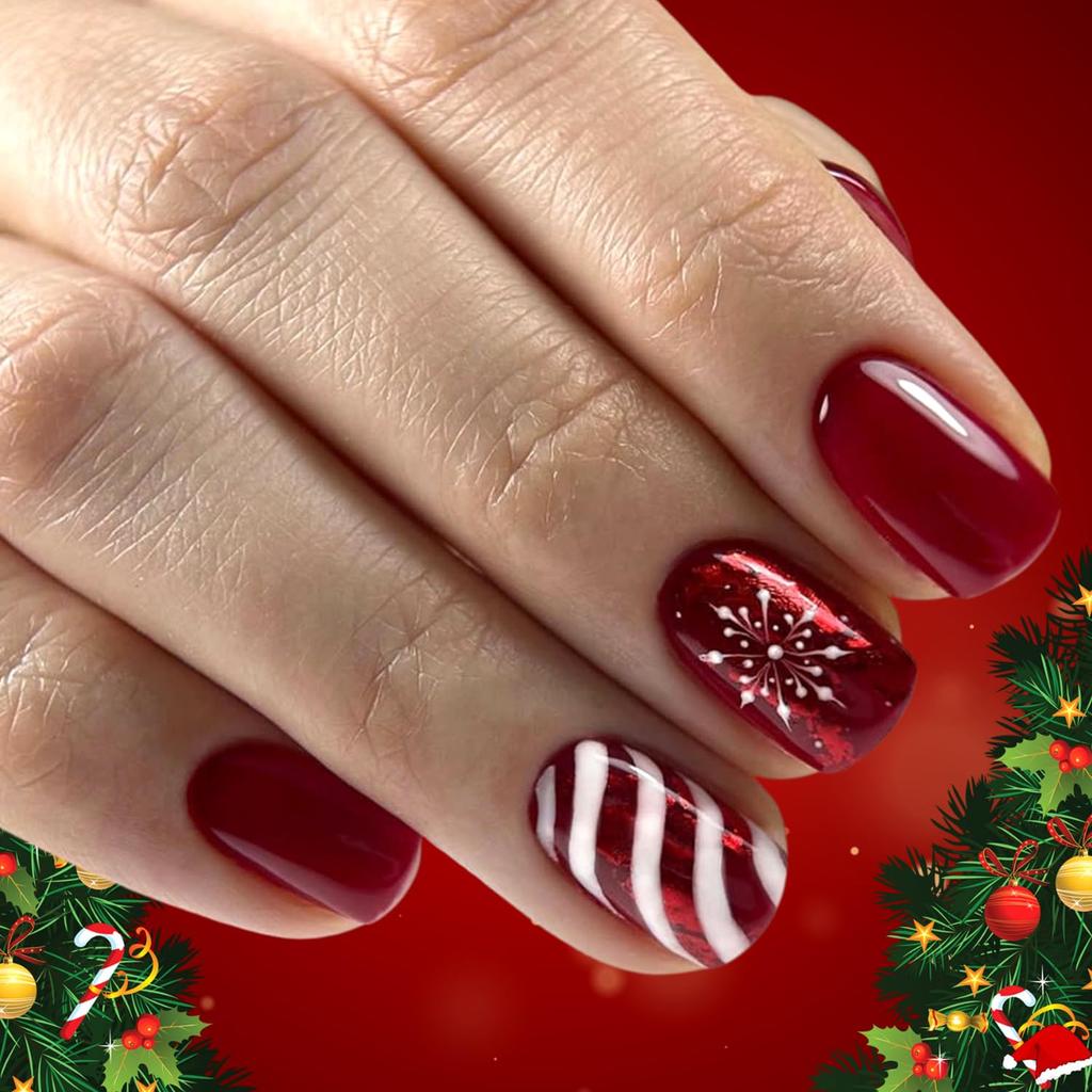 Christmas Press on Nails Short Square Red Fake Nails with Candy Cane Line Snowflake Glossy Designs Full Cover Press ons False Nails for Women 24 Pcs