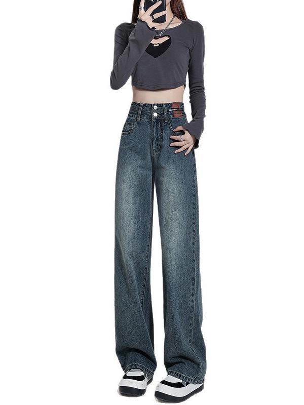 2025 Women's Retro High-Waisted Wide-Leg Jeans - Trendy Petite Straight-Leg Style