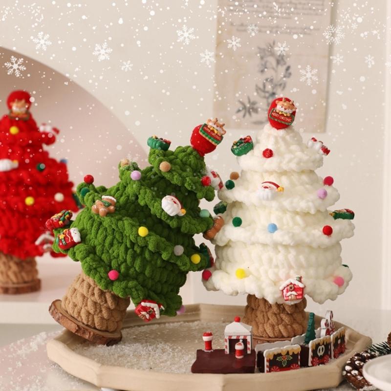 Crafted Holiday Knitted Christmas Tree Wooden Base Ornament Featuring Holiday Accents For Desktop Decoration