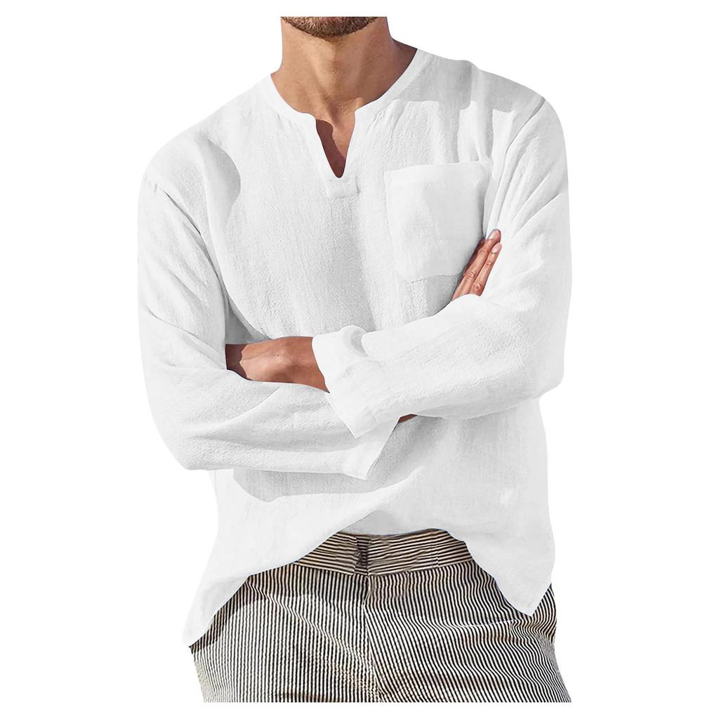 Designer Spring Summer Men's Casual Cotton Linen Solid Color Long Sleeve Shirts Loose Stand Collar Shirts