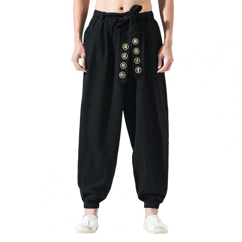 Herren Haremshose mit Gürtel und elastischer Taille im Retro-chinesischen Stil, Stickerei, lockere Plissee-Einfarbige, lange Hose mit Knöchelband