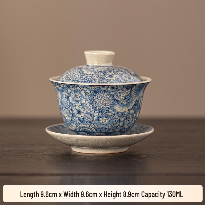 Ru Kiln Ceramic Gaiwan: Elegant Three Talents Tea Cup Set with Lid for Gongfu Brewing.