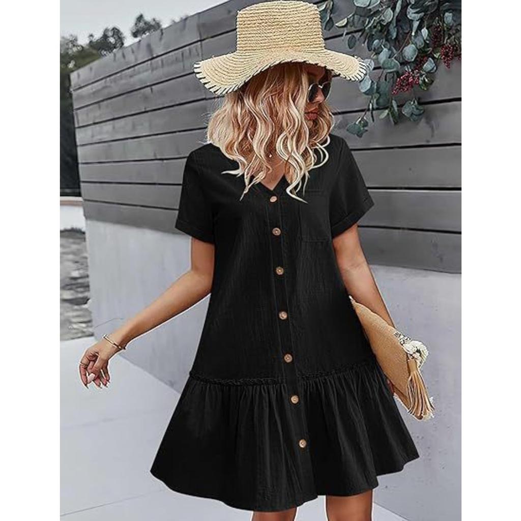 Summer Women's Short Sleeve Dress, Single Breasted Loose A-line Dress with Pockets Ruffle Hem Casual Dress