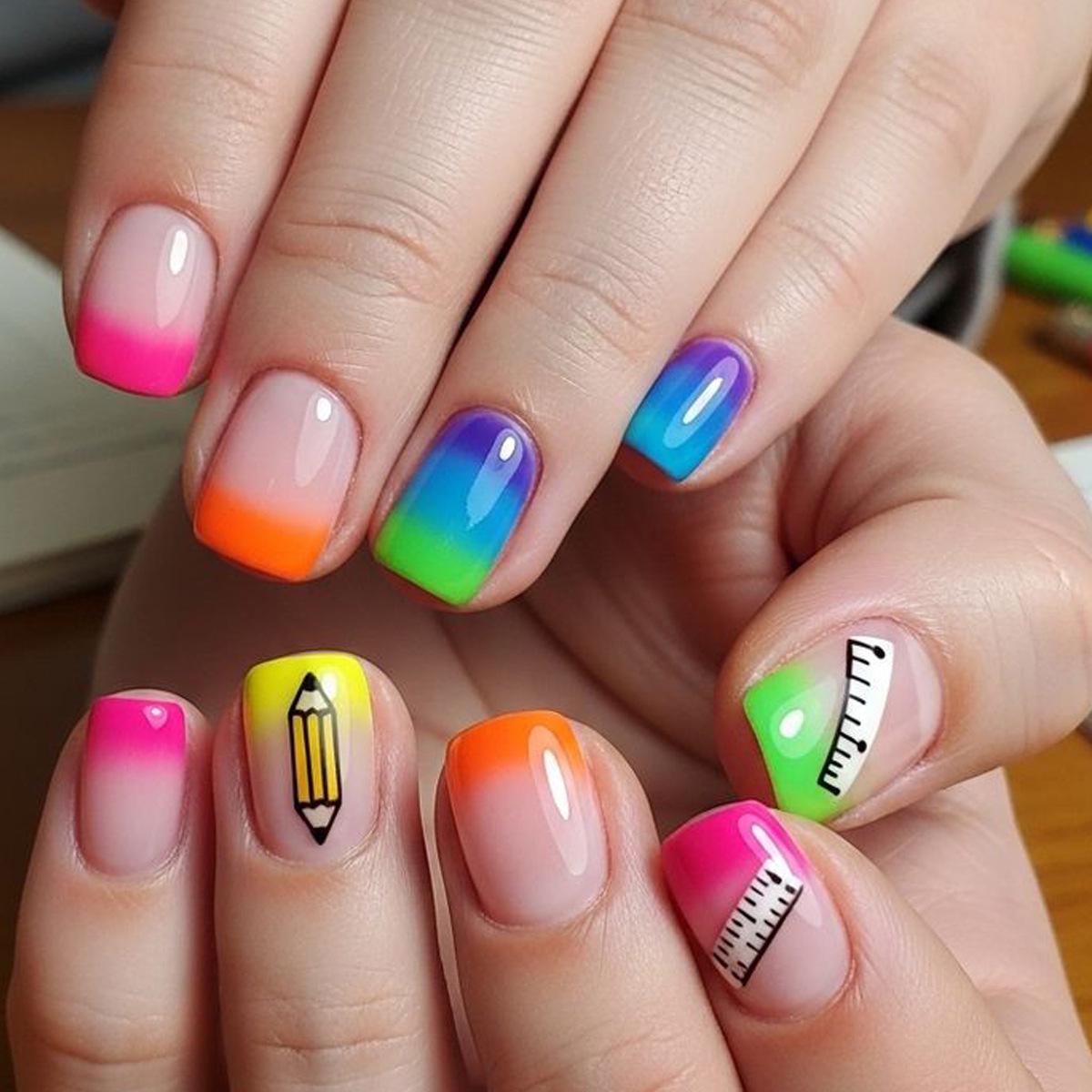 Rainbow Gradient Stripe Almond Nails - Medium-Length, European & American Style Fashionable Wearable Nail Art